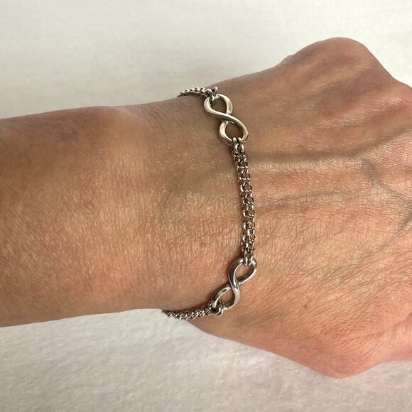 Sterling Silver 925 Italy Infinity Link Double Rolo Chain Bracelet Sz 7"-7.75" - Picture 14 of 16